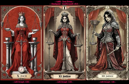 tarot card illustration, grimdark, detailed, "XI Justice" written, woman (holding balance scales in one hand:1.4), wearing royal attire, red robe, crown, seated on throne, antique balance scales, holding balance scale, sword pointed upwards in other hand, columns at sides, red banner background, intricate details, rich symbolism <lora:art_style\xl_Tarot_Grimm>