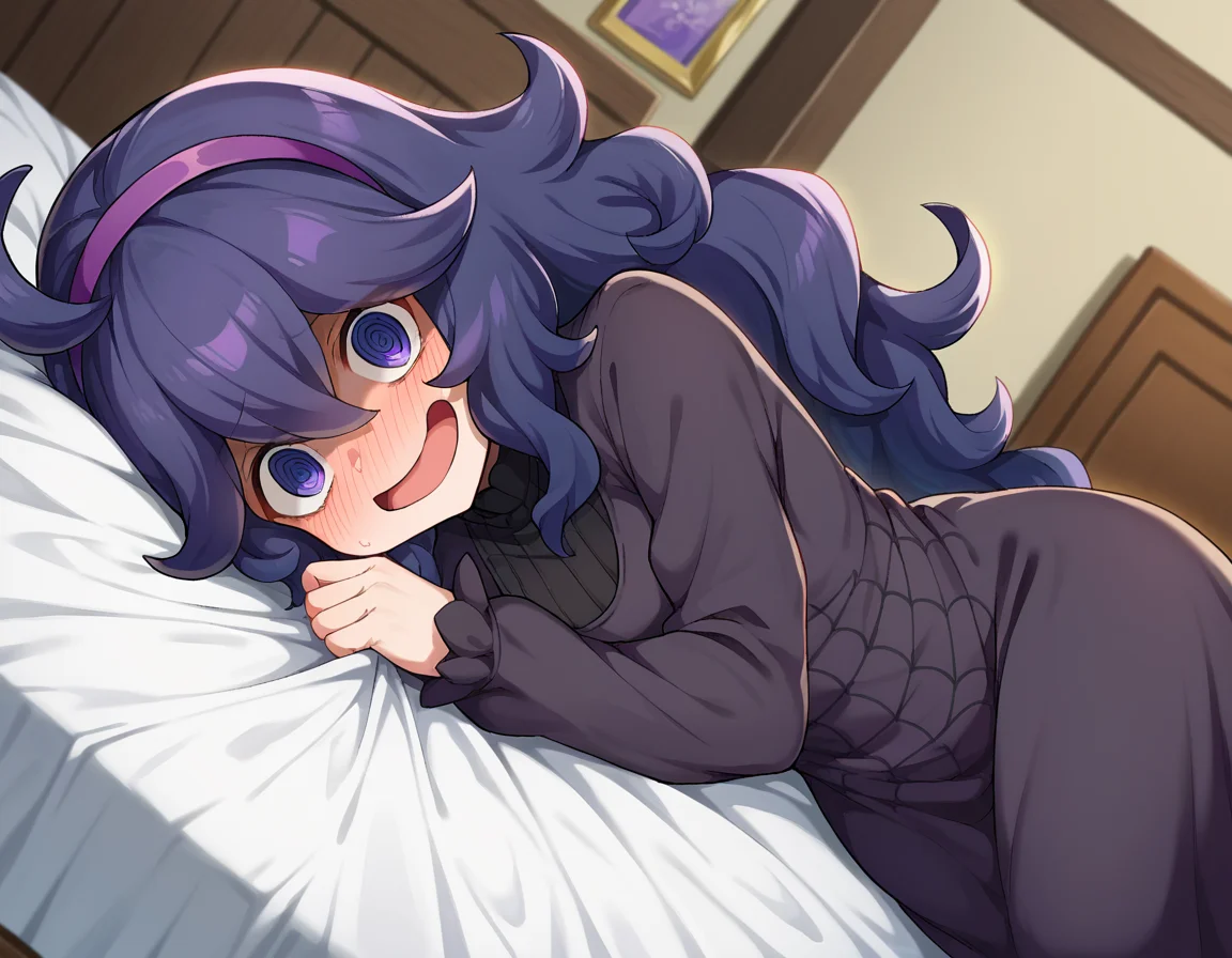 score_9, score_8_up, score_7_up, source_anime,
hexmaniac, <lora:hex-maniac-ponyxl-lora-nochekaiser:1>
hex maniac, hairband, messy hair, purple eyes, purple hair, purple hairband, @ @,
black dress, dress, long dress, long sleeves, juliet sleeves,
indoors, bed, bed room, on side, blush, drunk,
looking at viewer, cowboy shot, dutch angle,