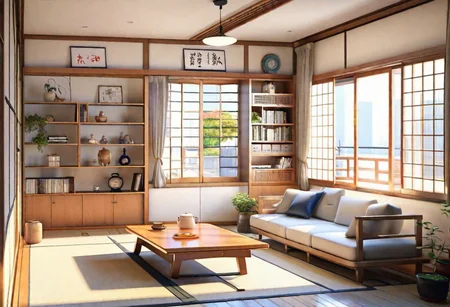 ((front view)), ((Japanese animation style)), modern-style interior, with white walls, (large windows), Nordic-style furniture, a  study, Sofa, coffee table, bookcase, single wall, 
warm light morning sun, (the view of the city)