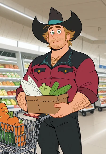masterpiece, best quality, amazing quality, detailed background, intricate details, dynamic, cinematic, animated, anime realistic shading, solo, male focus, source_anime,high resolution, newest, depth of field, bara, yaoi, perfect face, 1boy, k3nny, blond hair, green eyes, stubble, chest hair, black and blue cowboy hat, red and black jacket, star buckle belt, black pants, cowboy boots, muscular male, looking at viewer, doing groceries, grocery cart, holding, mall background, indoors, grocery shelf, dutch angle