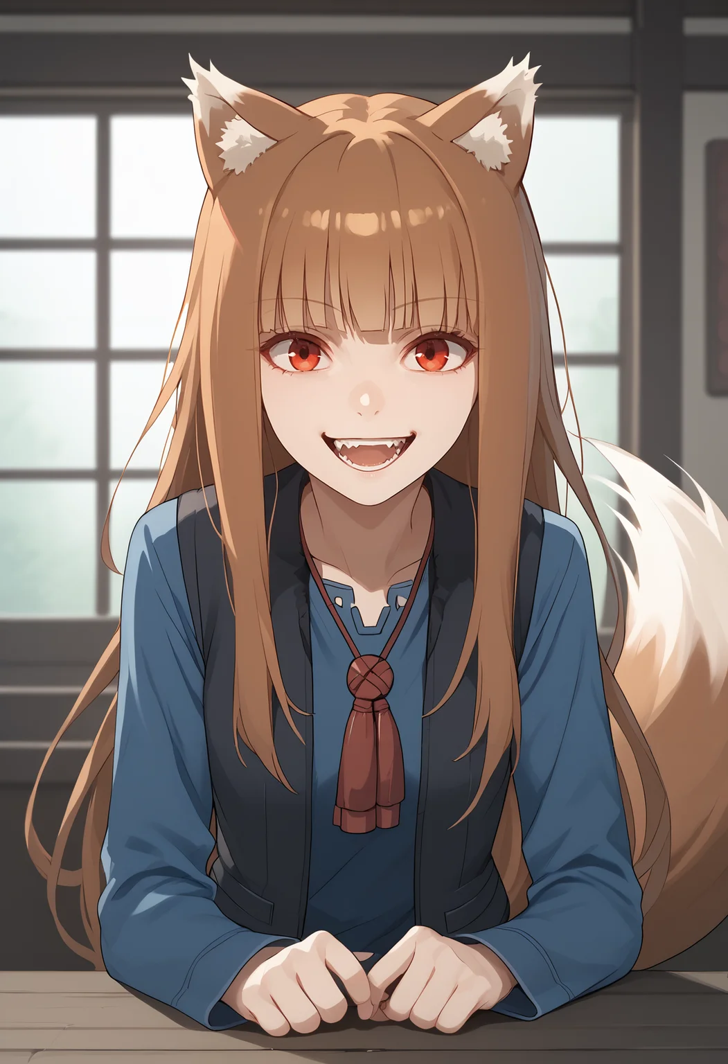 score_9,score_8_up,score_7_up,score_6_up <lora:holo_spice_and_wolf_pd_goofy_v1:1>holo, 1girl, animal ears, solo, long hair, wolf ears, tail, wolf girl, looking at viewer, wolf tail, open mouth, vest, smile, shirt, long sleeves, blue shirt, bangs