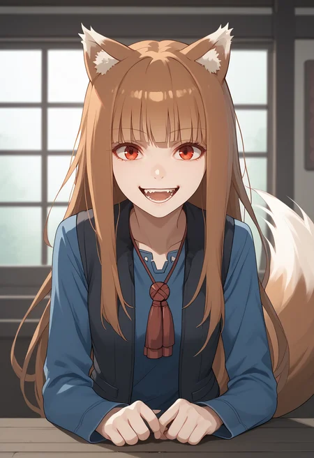 score_9,score_8_up,score_7_up,score_6_up <lora:holo_spice_and_wolf_pd_goofy_v1:1>holo, 1girl, animal ears, solo, long hair, wolf ears, tail, wolf girl, looking at viewer, wolf tail, open mouth, vest, smile, shirt, long sleeves, blue shirt, bangs