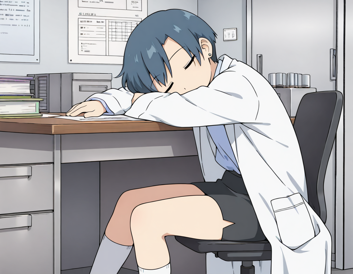 (masterpiece:1.4), (best quality:1.4),  very aesthetic, newest,best quality, amazing quality, very aesthetic, absurdres,
 1girl,nakamura_sensei short hair, solo, blue hair,
black skirt,pencil skirt,blue shirt, white coat, collared shirt, open coat,lab coat, white socks,knee highs,earring<lora:nakamura_sensei:1>
sitting,on chair,office_chair,desk
closed eyes
indoor,looking at viewer,
from side
sleeping