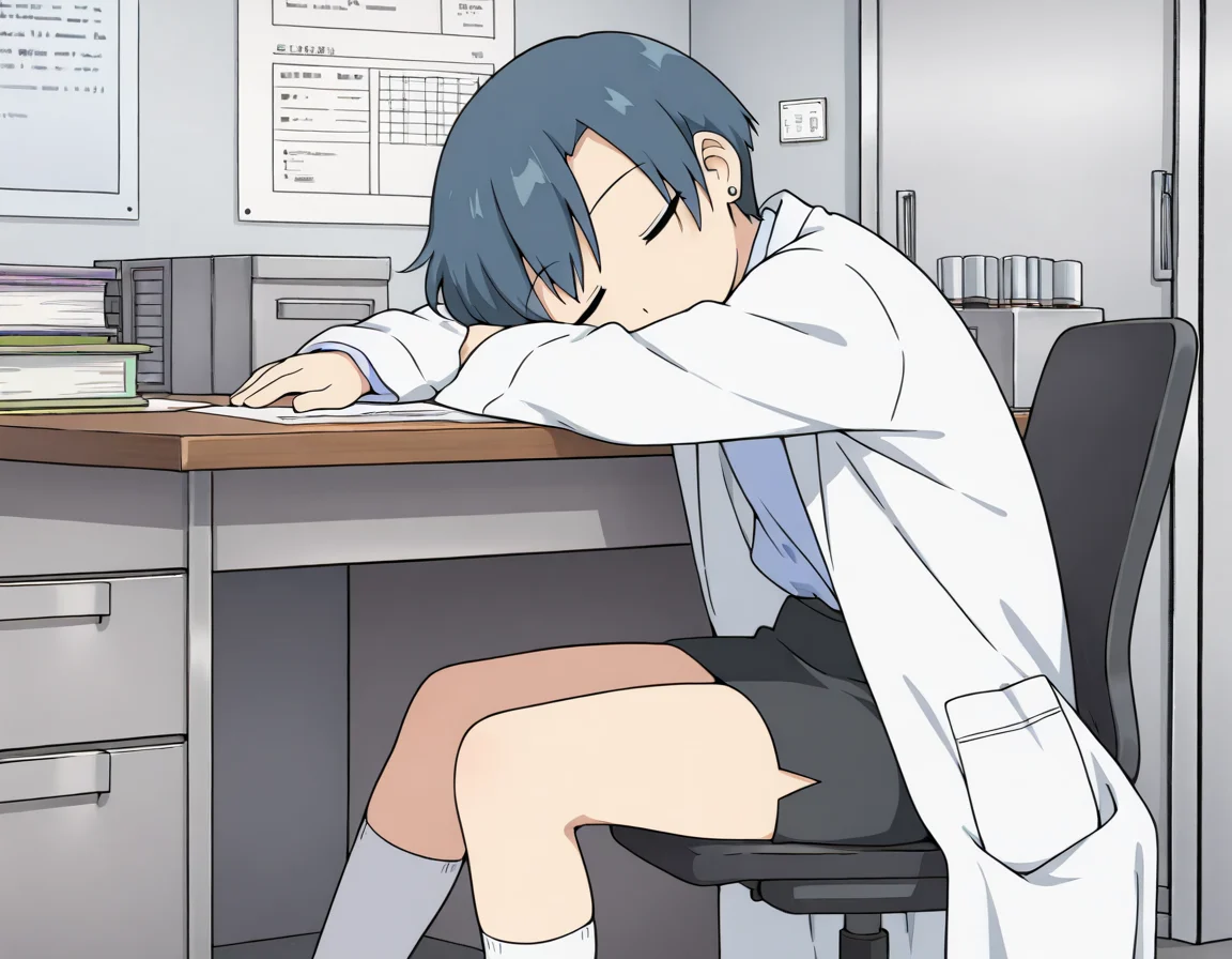(masterpiece:1.4), (best quality:1.4), very aesthetic, newest,best quality, amazing quality, very aesthetic, absurdres,
1girl,nakamura_sensei short hair, solo, blue hair,
black skirt,pencil skirt,blue shirt, white coat, collared shirt, open coat,lab coat, white socks,knee highs,earring<lora:nakamura_sensei:1>
sitting,on chair,office_chair,desk
closed eyes
indoor,looking at viewer,
from side
sleeping