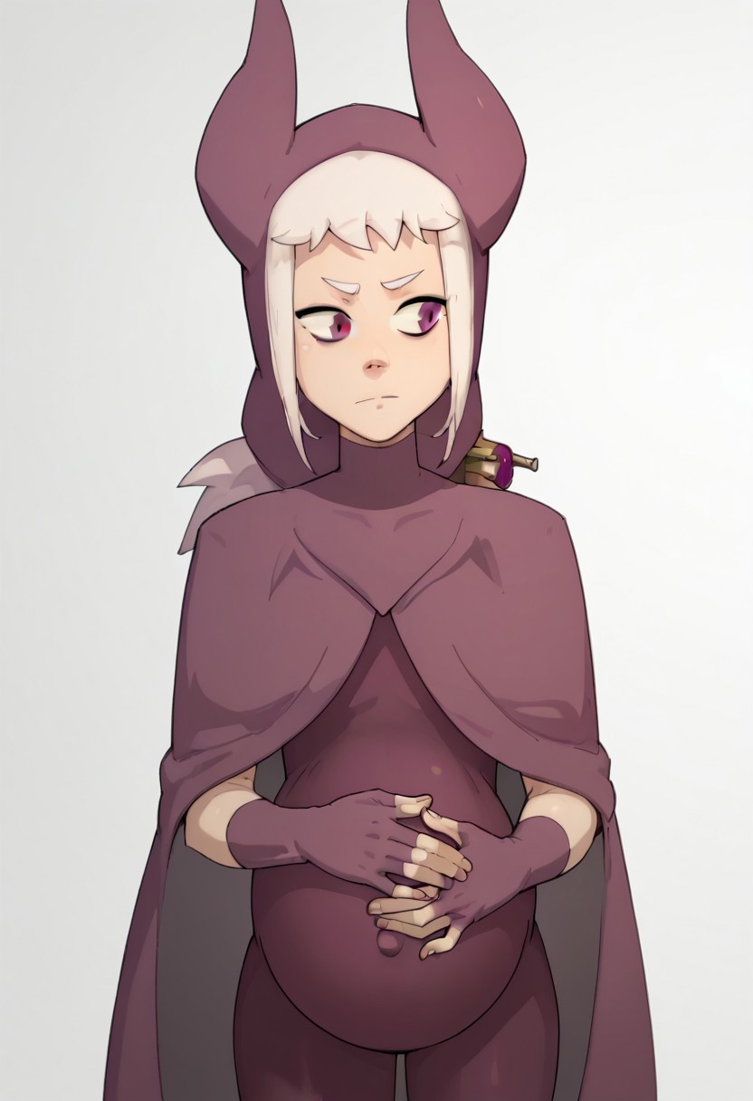 score_9, score_8_up, score_7_up,  1girl, solo, pregnant, norawakfu, white hair, purple eyes, hood, horns, hood, horns, cloak, fingerless elbow gloves, bodysuit, cape,  standing, holding belly, white background,