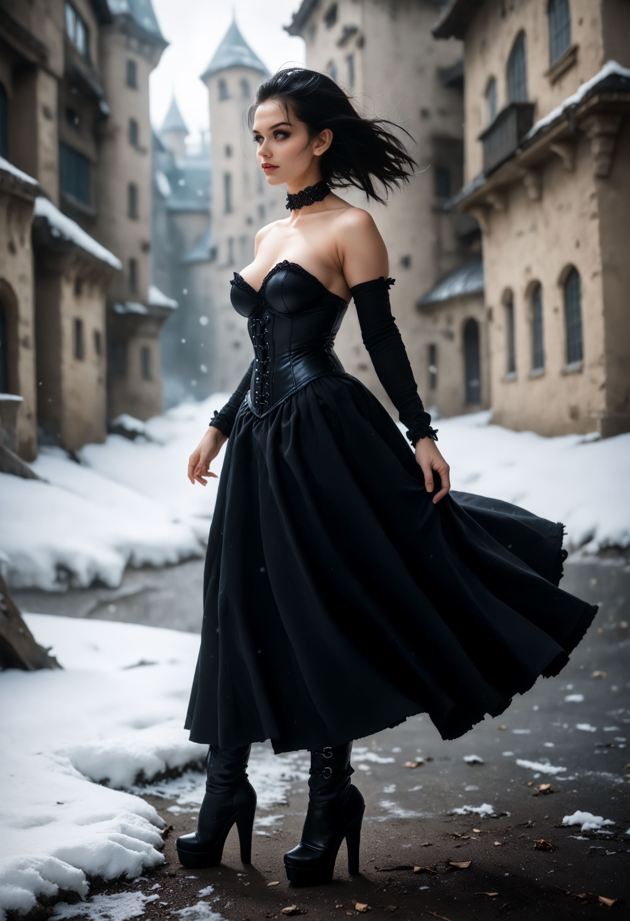 score_9, score_8_up, score_7_up, 1girl, chi-chi_(dragon_ball), dragon_ball, black_hair, black_eyes, side view, knees up, spotlight, intense focus, blizzard, heavy snow, outdoors, analogue photo, (style\d0f_v2.safetensors:0.8), (location\c4stl3_v2a.safetensors:0.8), outfit\g0th1c80dy5u1t.safetensors, (location\fbf.safetensors:0.5), <lora:style\d0f_v2.safetensors:0.8>, <lora:location\c4stl3_v2a.safetensors:0.8>, <lora:style\monochromeSEPhentaiSEPdoujin.safetensors:0.4>, <lora:style\h1k4g3_31j1.safetensors:0.4>
