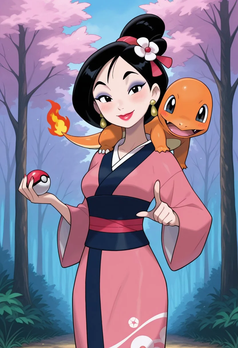 masterpiece, best quality, amazing quality, very aesthetic, absurdres, newest, detailed background, cowboy shot, 4k, 8k, forest, cherry tree, sugimori, jaggy lines,
mulanxd, 1girl, solo, short hair, hairbun, black hair, japanese clothes, kimono, jewelry, earrings, pointing at viewer, holding PokeBall, holding, PokeBall, black eyes, makeup, lipstick, blush, hair ornament, smile, looking at viewer, medium breasts, Charmander on shoulder,