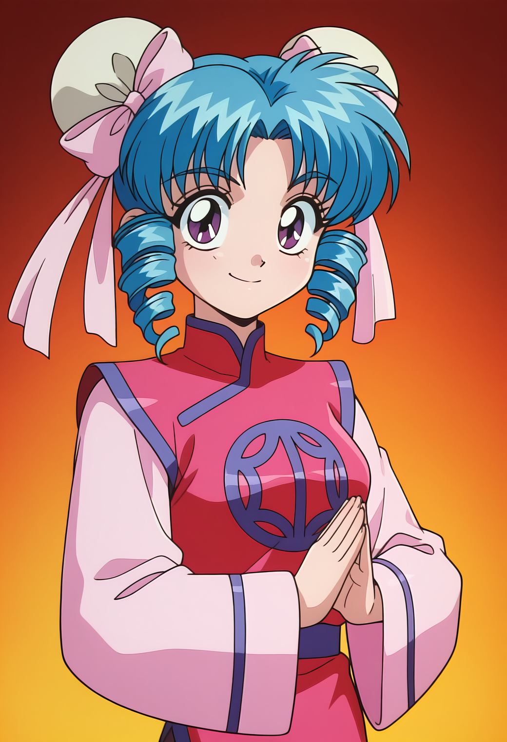 masterpiece, best quality, amazing quality, 1girl, solo, 1990s \(style\), retro_artsryle, anime coloring,
<lora:female_jinn2_v01:0.9>, female_jinn2, blue hair, short hair, hair bun, double bun, parted bangs, sidelocks, drill hair, twin drills, purple eyes,
bun cover, pink hair bow, china dress, long sleeves, wide sleeves, smile, posing, upper body
