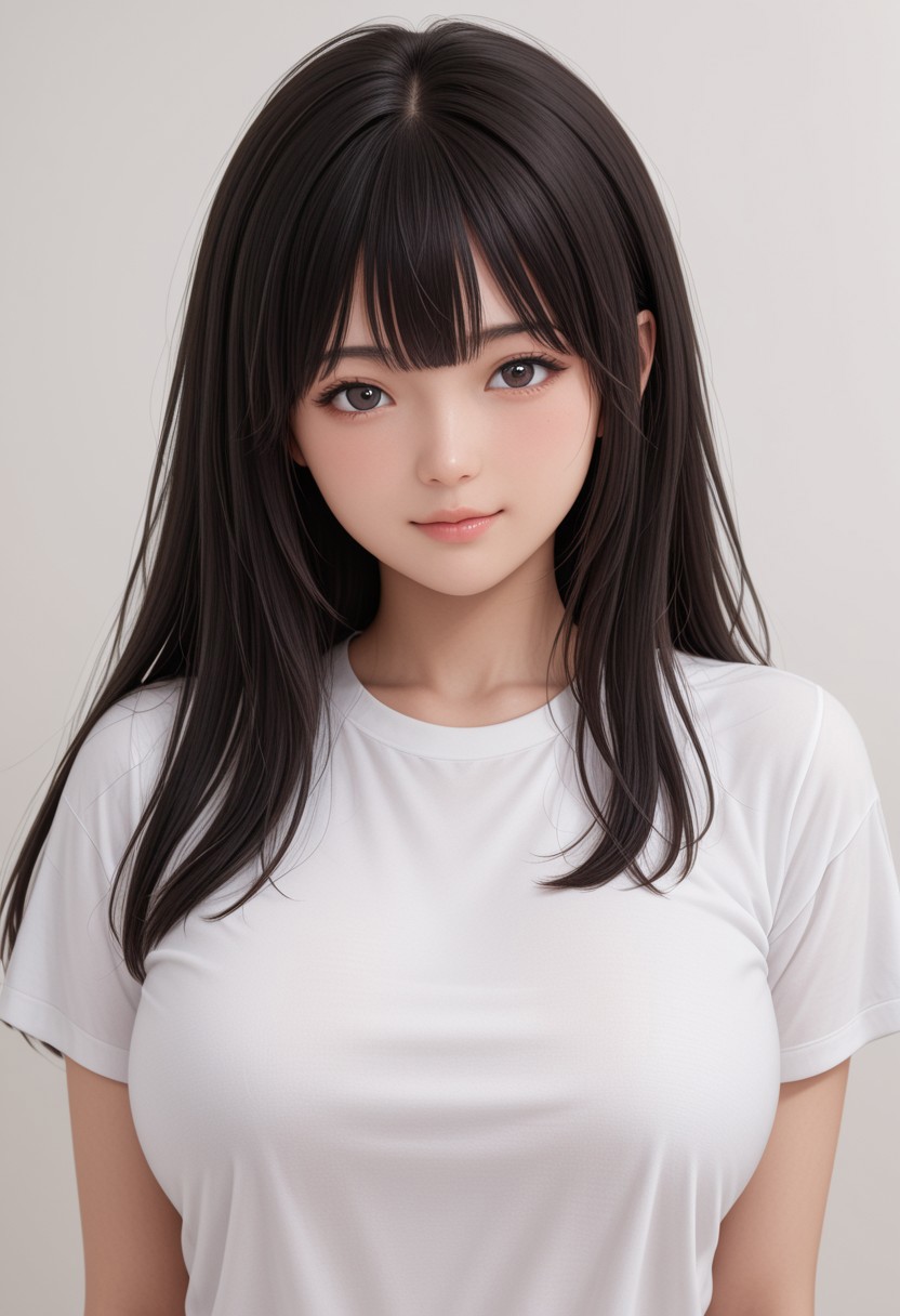 miyam0to_mad0ka, black hair, medium shot, big loose t-shirt, (big breasts:0.9), cute face, (small upperlip:1.4), (very thin lips:1.4), (very small mouth), small jaw, small chin,  (round face:0.7), japanese idol, (pale skin:0.8), bangs, japanese makeup, innocent eyes, open eyes, v, wink, realism, highly detailed, lifelike, cinematic lighting, absurdres, (masterpiece, best quality, ultra-detailed, realistic), BREAK, soft shadows, rich textures,  (sfw:0.9)