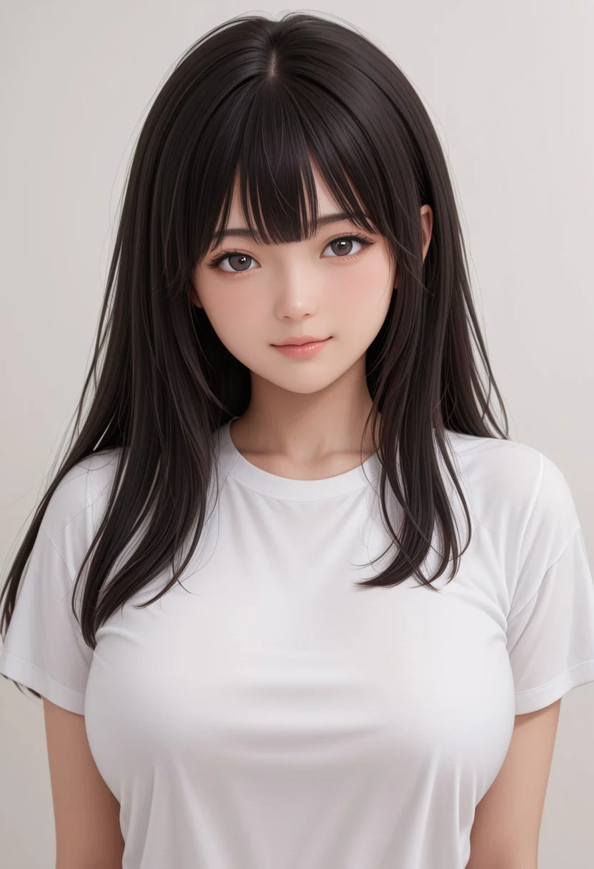 miyam0to_mad0ka, black hair, medium shot, big loose t-shirt, (big breasts:0.9), cute face, (small upperlip:1.4), (very thin lips:1.4), (very small mouth), small jaw, small chin,  (round face:0.7), japanese idol, (pale skin:0.8), bangs, japanese makeup, innocent eyes, open eyes, v, wink, realism, highly detailed, lifelike, cinematic lighting, absurdres, (masterpiece, best quality, ultra-detailed, realistic), BREAK, soft shadows, rich textures,  (sfw:0.9)