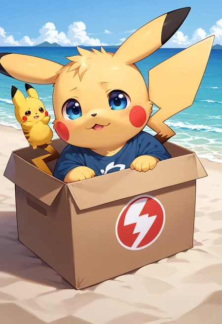 score_9, score_8_up, score_7_up, anthro, male, pikachu, chubby, detailed background, dark blue shirt, blue eyes, sleepy, outdoor, b0xe,in box,chibi,cardboard box, beach, night, ocean, zPDXL3