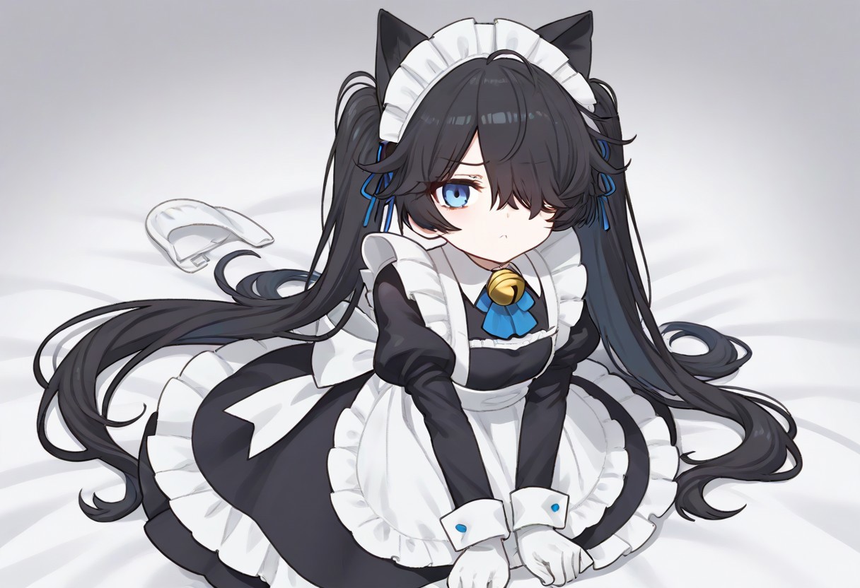 (Maid-kasli), solo, white gloves, dress, hair over one eye, maid apron, blue eyes, twintails, cat ears, maid headdress, maid, gloves, 1girl, apron, juliet sleeves, long sleeves, long hair, black hair, animal ears, bell,(Fall down),