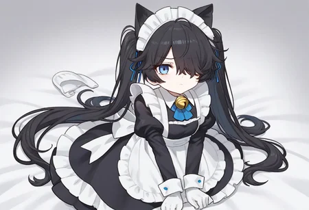(Maid-kasli), solo, white gloves, dress, hair over one eye, maid apron, blue eyes, twintails, cat ears, maid headdress, maid, gloves, 1girl, apron, juliet sleeves, long sleeves, long hair, black hair, animal ears, bell,(Fall down),