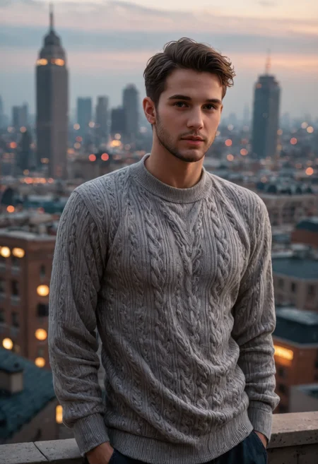 score_9, score_8_up, score_7_up, (masterpiece, best quality, ultra-detailed, realistic), closeup photo of a man wearing fitted sweater, facial hair, blurred city skyline, urban rooftop, twilight, natural light, city lights, subtle backdrop, intense and introspective mood, skin texture, modern (rugged:0.4) aesthetic, thoughtful expression, charismatic, bokeh, cinemascope, moody, epic, gorgeous, film grain