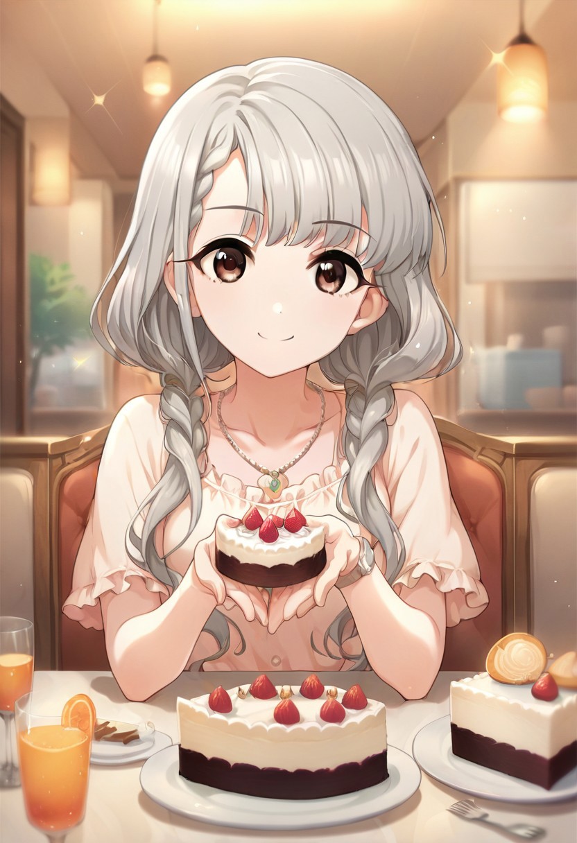score_9, score_8_up, score_7_up, source_anime,hisakawa nagi, grey hair, braid, brown eyes, long hair, twintails, 1girl, food, solo, jewelry, necklace, cake, watch, smile, table, wristwatch, looking at viewer
