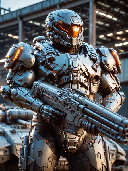 man standing in front of tank holding gun, cyberpunk, heavy bodyarmor, helmet, orange visor, mad-hvybdyarmr, cinematic shot, dramatic lighting, masterpiece, best quality, ultra high res, (photorealistic, realistic:1.2), deep shadow, raw photo, film grain, Fujifilm XT3, 8k uhd, dslr