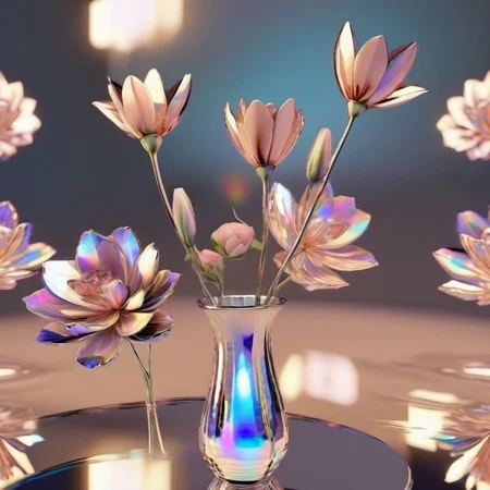 <lora:holographic1_10xl-10:1>,holographic,a glass vase with flowers in it on a table top with a mirror background and a light reflecting off the glass,translucent glass,holographic ray,holographic structure,glowing,clear glass,no humans,flower,simple background,crystal peach blossom,translucent flower,there are 3 kinds of translucent flowers with violet and peach blossom,