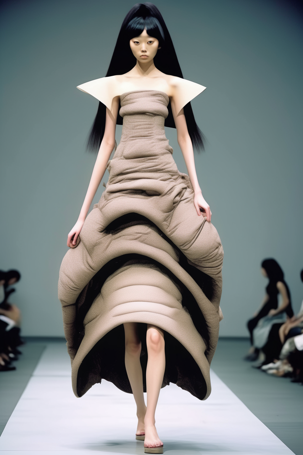 <lora:Avant-garde Fashion:1>Avant-garde Fashion - a fashion photograph of a skinny Japanese model striding on a catwalk wearing a ridiculously designed uncomfortable ugly ungainly dress