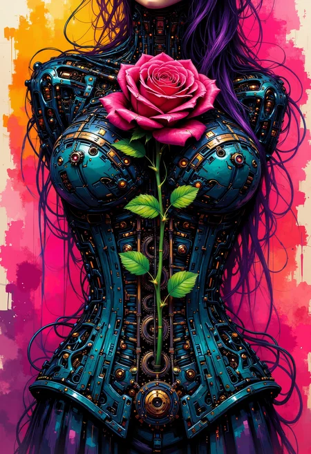 A digital cyberpunk art splash in the style of bo-cyborgsplash, a corset with intricate gears and a rose, set against a vintage background, fantastic abstract colorful art splash, high quality, ultra detailed.<lora:boFLUX Cyborgsplash.safetensors:1.0:1.0>