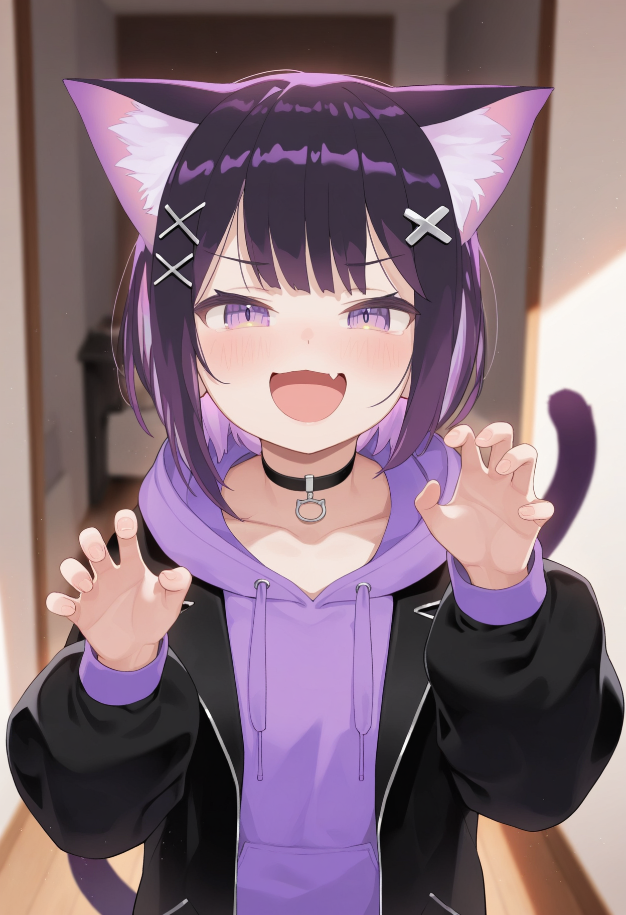 masterpiece,best quality,amazing quality,
1girl, hood, animal ears, solo, hoodie, tail, black hair, cat tail, cat ears, fang, x hair ornament, purple eyes, hair ornament, looking at viewer, smile, long sleeves, black hoodie, cat girl, virtual youtuber, open mouth, jacket, bangs, choker, hairclip, short hair, hood down, multicolored hair, claw pose, purple hair, puffy long sleeves, purple hoodie, black jacket, open clothes, :d, blurry, black choker, collarbone,
 <lora:Biyobiyo:1>