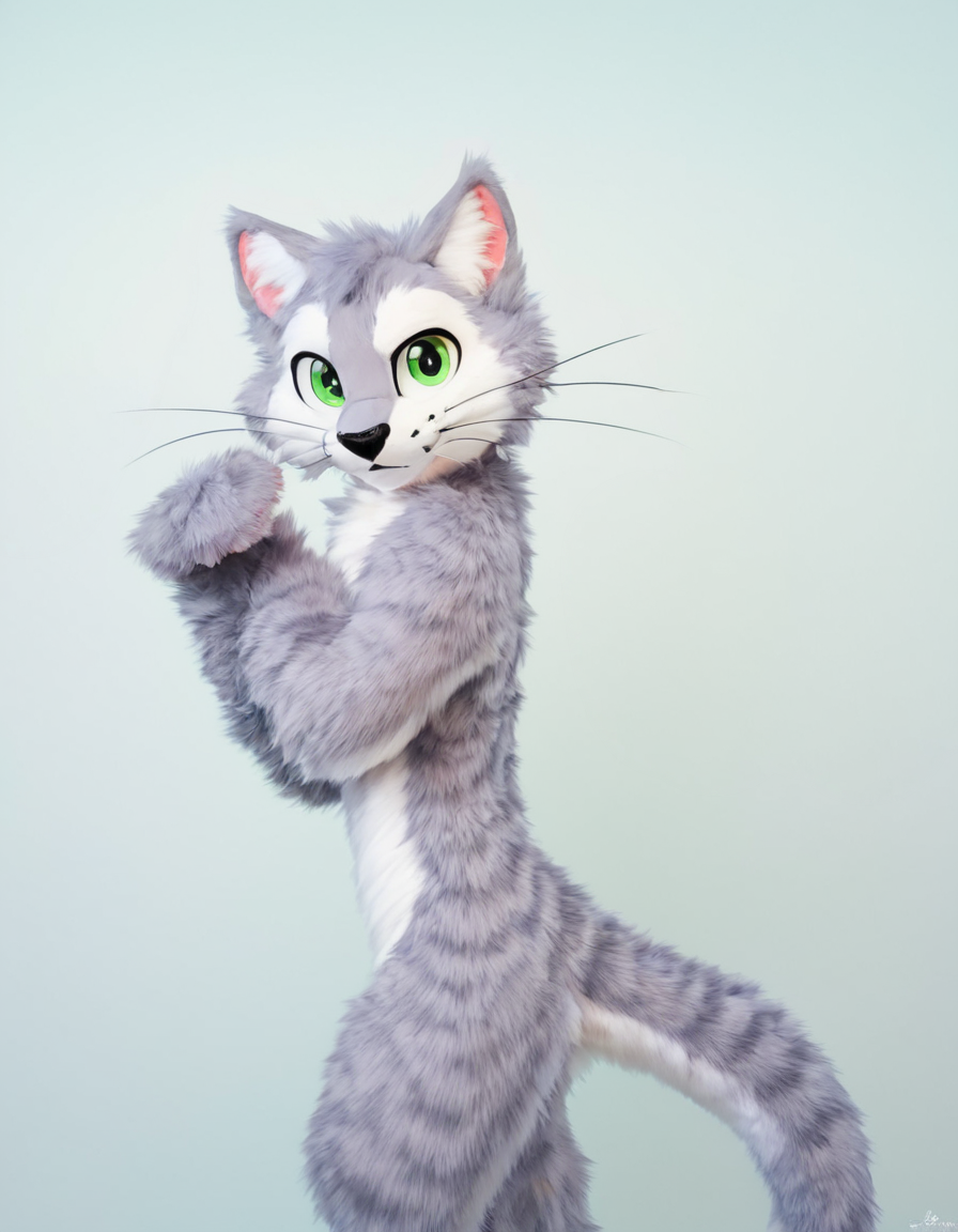 <lora:Fursona:0.3> furry grey cat, male, whiskers, light grey fur, green eyes, tail, black nose, gradient green background, adult,  white ear tuff, slim,   <lora:Fursuit_LoRA:0.8> mikus-sona, fursuit, furry focus, furry style, furry costume, anthropomorphic, anthro <lora:Photo 2 Style SDXL_LoRA_Pony Diffusion V6 XL:0.6> raw, photo, realistic,, score_9, score_8_up, score_7_up, score_6_up, score_5_up,