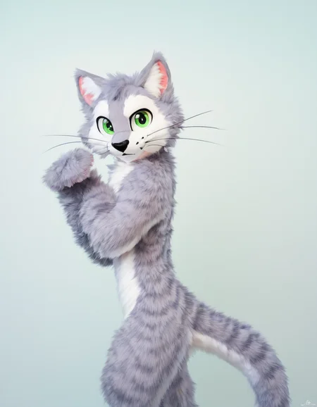 <lora:Fursona:0.3> furry grey cat, male, whiskers, light grey fur, green eyes, tail, black nose, gradient green background, adult,  white ear tuff, slim,   <lora:Fursuit_LoRA:0.8> mikus-sona, fursuit, furry focus, furry style, furry costume, anthropomorphic, anthro <lora:Photo 2 Style SDXL_LoRA_Pony Diffusion V6 XL:0.6> raw, photo, realistic,, score_9, score_8_up, score_7_up, score_6_up, score_5_up,