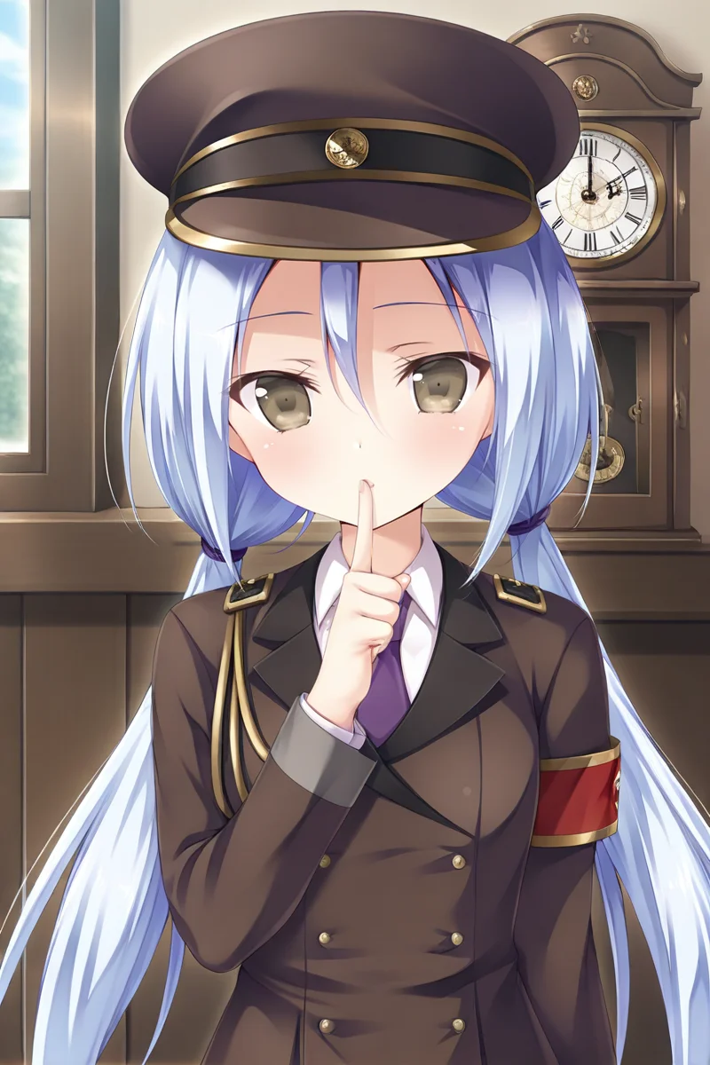 masterpiece,best quality,amazing quality,highres,scenery,newest,1girl,official style,araragi,hat,twintails,blue hair,brown eyes,long hair,peaked cap,low twintails,araragi daily,purple necktie,necktie,pleated skirt,jacket,uniform,low twintails,military uniform,military,long sleeves,shirt,socks,armband,peaked cap,<lora:yingyun-araragi:1>,indoors,looking at viewer,upper body,close-up,pendulum clock,holding pendulum clock,shushing,