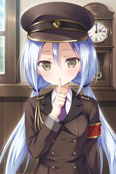 masterpiece,best quality,amazing quality,highres,scenery,newest,1girl,official style,araragi,hat,twintails,blue hair,brown eyes,long hair,peaked cap,low twintails,araragi daily,purple necktie,necktie,pleated skirt,jacket,uniform,low twintails,military uniform,military,long sleeves,shirt,socks,armband,peaked cap,<lora:yingyun-araragi:1>,indoors,looking at viewer,upper body,close-up,pendulum clock,holding pendulum clock,shushing,