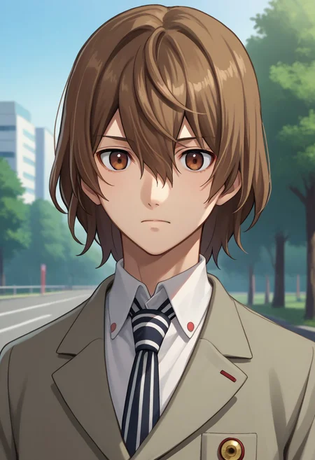 score_9, score_7_up, source_anime
goro, 1boy, male focus, solo, brown eyes, brown hair, hair between eyes, school uniform, shirt, white shirt, collared shirt, necktie, striped, striped necktie, jacket, grey jacket, buttons, long sleeves,
outdoor,