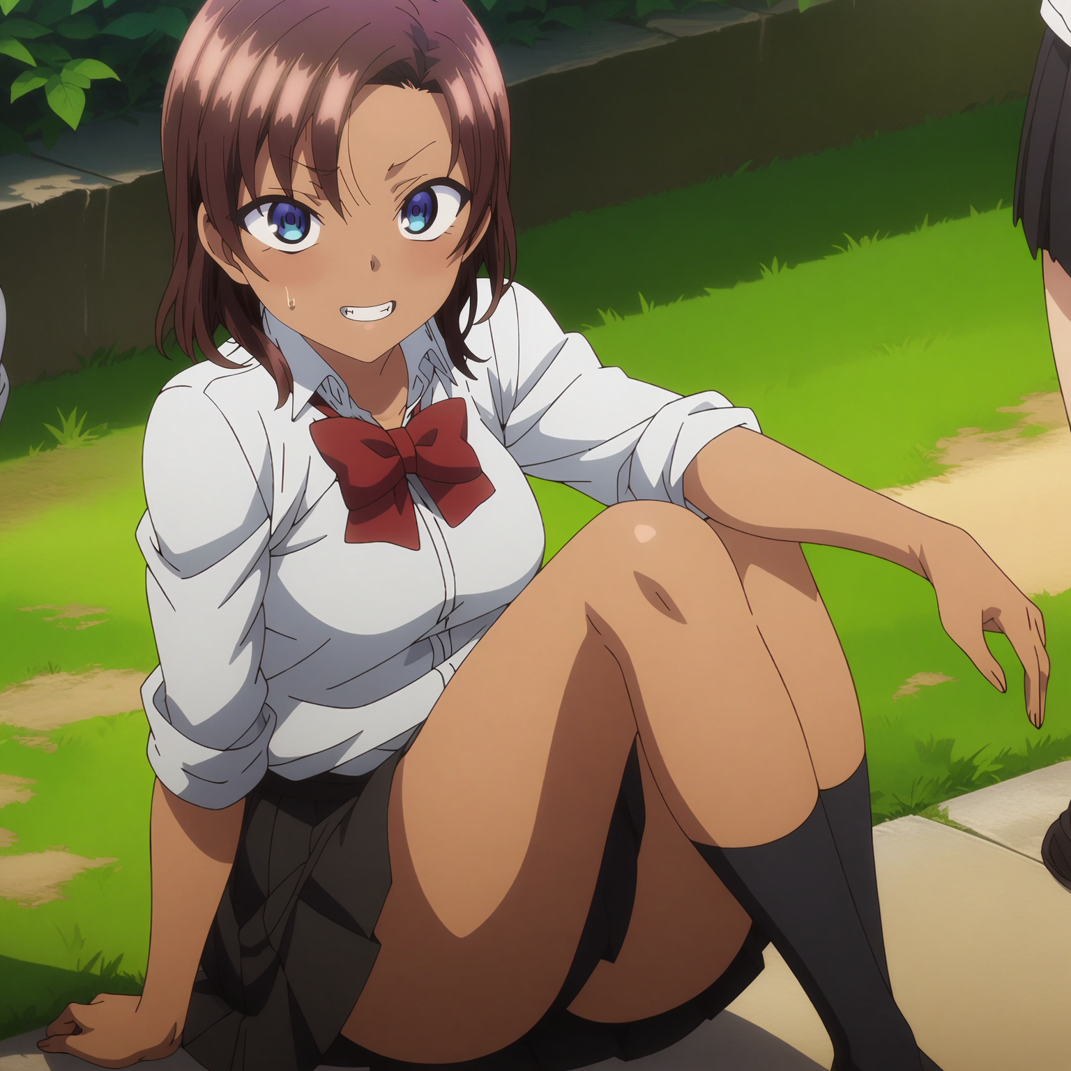 <lora:SaeHinataXL001>,<lora:bold-16oa:-0.5>,
masterpiece,best quality,ultra-detailed,8K,best illustration,very aesthetic,absurdres,anime screencap,official art,
looking at viewer,blush,grin,
solo,
SaeHinata,1girl,brown hair,medium hair,blue eyes,dark-skinned female,
white shirt,red bowtie,sleeves rolled up,
pleated_skirt,black skirt,
black socks,
outdoors,
full body,sitting,