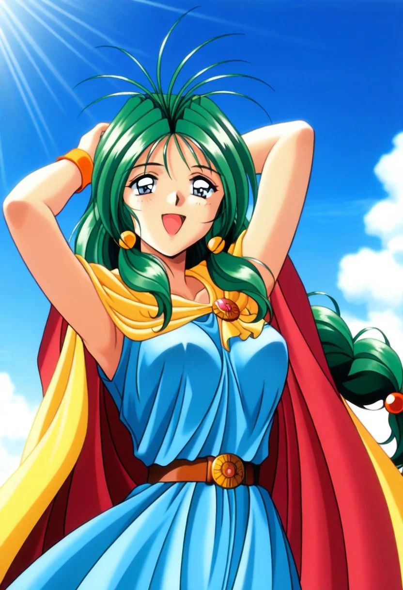 masterpiece, best quality, amazing quality, very aesthetic, high resolution, 1girl, cowboy shot, anime-style, digital art, high resolution, cute girl, smiling, sunlight, bright, clear sky, blue sky, clouds, daytime, outdoor, wind blowing her hair, dynamic pose, cheerful mood, light reflections, detailed background, high quality, beautiful, attractive, light rays, bright lighting, sky, joyful, happy, energetic, bright atmosphere, detailed shading, anime aesthetics, vibrant, lively, braid, jewelry, belt, cape, blue dress, wristband, retro artstyle, 1990s \(style\), 
clairemm, blue eyes, green hair, antenna hair, long hair, low-tied long hair, hair bobbles, medium breasts, mature female,