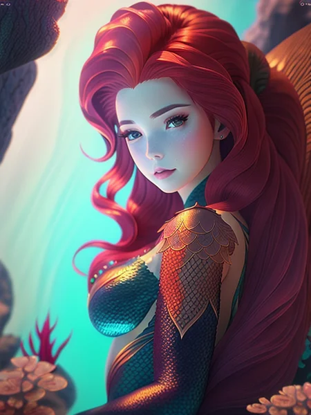 little mermaid, red hair, long hair, mermaid, mermaid tail, underwater, masterpiece, detailed, portrait, octane render, highly detailed