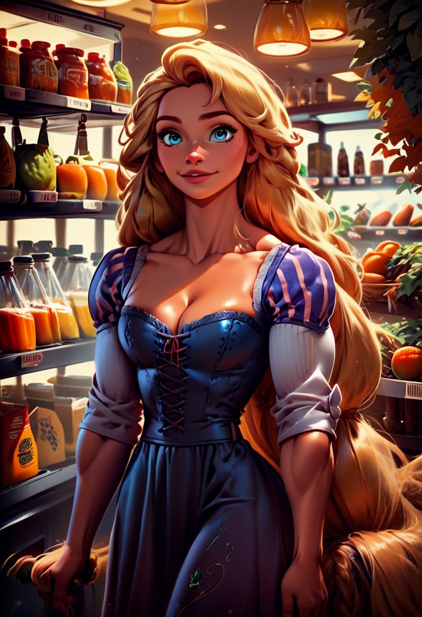score_9, score_8_up, score_7_up, source_illustration; 1 girl, Rapunzel, muscular, jacked,  bodybuilder; long hair, blonde, blue eyes; bowsette dress; at the grocery store; grocery store fruits and vegetables in the background; detailed eyes,  intricate details,  colorful; rating_safe