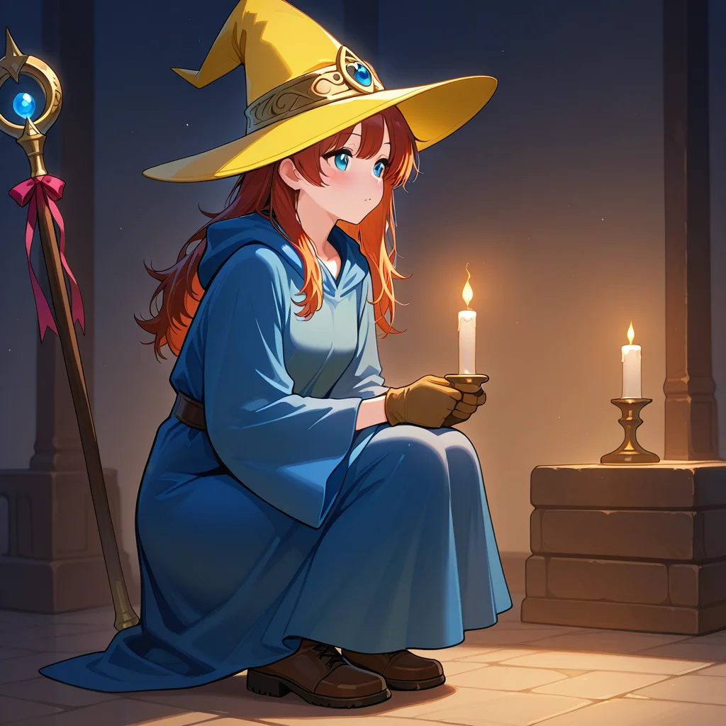 Xanadu: A magical kingdom ruled by a wise and benevolent queen,candlelight,1girl, masterpiece, best quality, amazing quality, newest, <lora:BlackMage_Costume_Illustrious:1>,Blackmage_cos,robe,hat,witch hat,wizard hat,yellow_headwear,boots,dress,blue_dress,,robe,long sleeves,wicth,gloves,ribbon,holding_staff,staff,