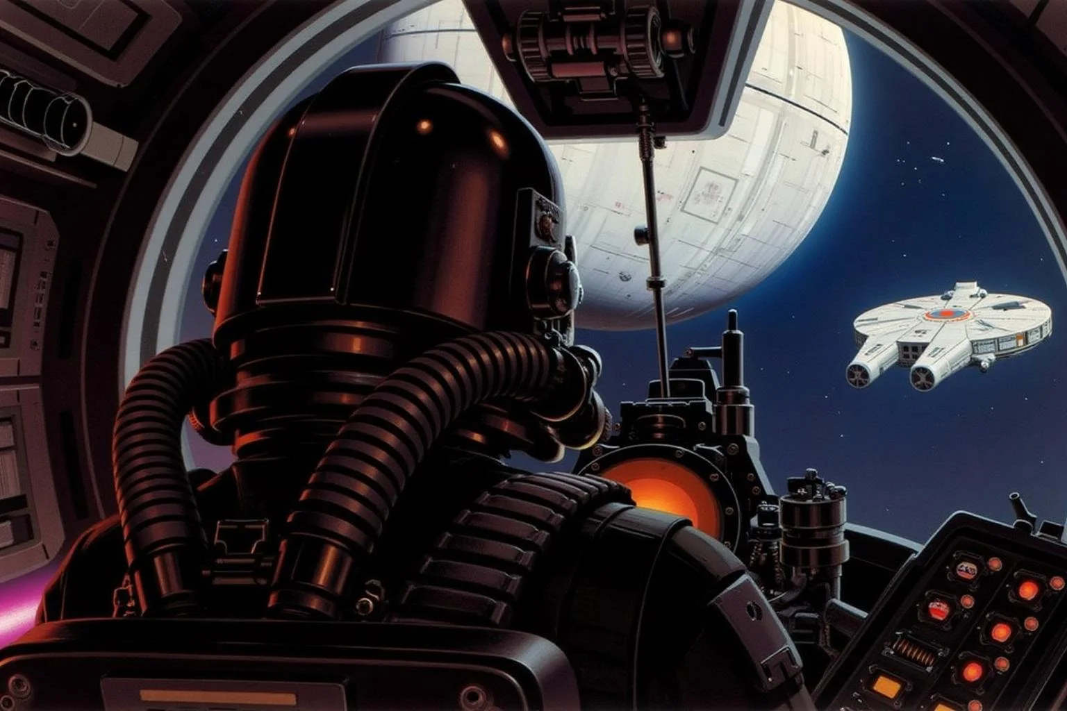 ralphmcq1 painting.
A scene from Star Wars universe. The central figure is Imperial TIE Fighter Pilot, viewed from behind, inside the cockpit. He is wearing a black, sleek helmet and a bulky, spacesuit adorned with various mechanical parts and a prominent, coiled air hose. From the canopy the Death Star and the Millennium Falcon, a Rebel Alliance spaceship, is visible.
<lora:ralphmcq_cap_d6a3:1.0><lora:830317277107911995:0>