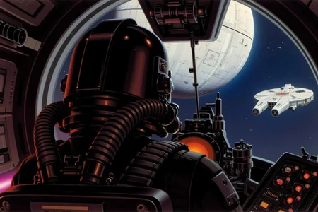 ralphmcq1 painting.
A scene from Star Wars universe. The central figure is Imperial TIE Fighter Pilot, viewed from behind, inside the cockpit. He is wearing a black, sleek helmet and a bulky, spacesuit adorned with various mechanical parts and a prominent, coiled air hose. From the canopy the Death Star and the Millennium Falcon, a Rebel Alliance spaceship, is visible.
<lora:ralphmcq_cap_d6a3:1.0><lora:830317277107911995:0>