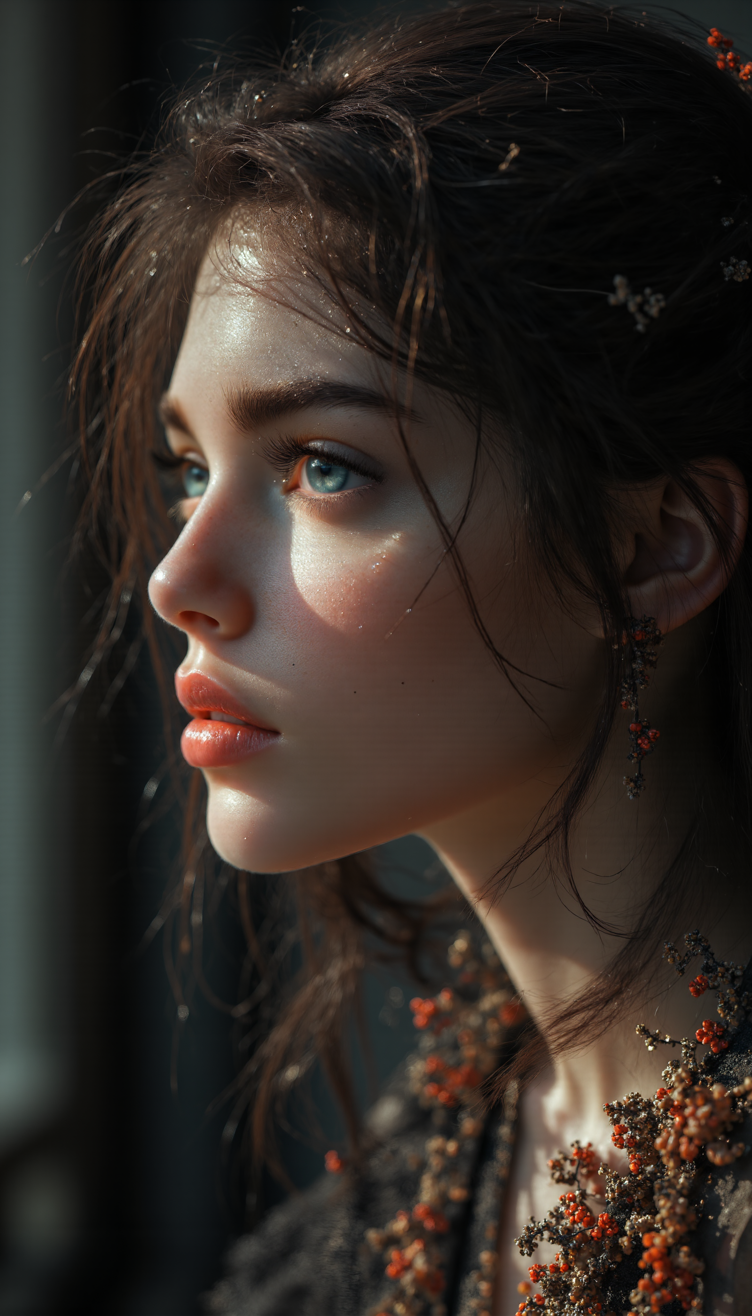 Midjourney_Whisper, A hyper-realistic portrait of a stunning supermodel, featuring a beautifully detailed face with captivating eyes and a serene expression. The image showcases her natural beauty, focusing on her flawless skin and delicate features. The composition blends modern and traditional elements with a neo mode, avant-garde style, characterized by elegant lines, vibrant colors, and exquisite details. Her hair is styled in an intricate and unique fashion, adding to her ethereal and timeless aura. The lighting enhances her features, creating a soft interplay of light and shadow, while the high-resolution quality captures every detail with photorealistic clarity, relaxed pose, (three quarter view:1), (from above:0.2), (dutch angle:0),cowboyshot, looking away, <lora:midjourney_whisper_flux_lora_v01:1>,