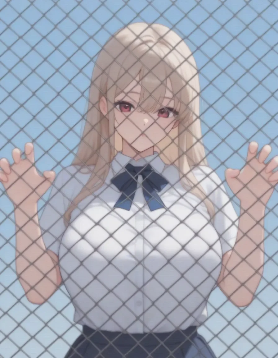 wire mesh, chain-link fence,1girl,<lora:wire_mesh:1.3>,masterpiece, best quality, very aesthetic, absurdres, newest, safe,face,breasts,