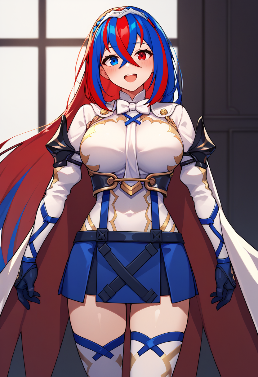 score_9, score_8_up, score_8_up, source_anime BREAK 1girl, solo, <lora:alear-fe-richy-v1_pdxl:1> aleardef, heterochromia, blue eyes, red eyes, multicolored hair, red hair, blue hair, braid, crossed bangs, very long hair, tiara, bowtie, armor, suspenders, blue skirt, gloves, thighhighs, cape, standing, looking at viewer, large breasts, looking at viewer, blush, smile, open mouth