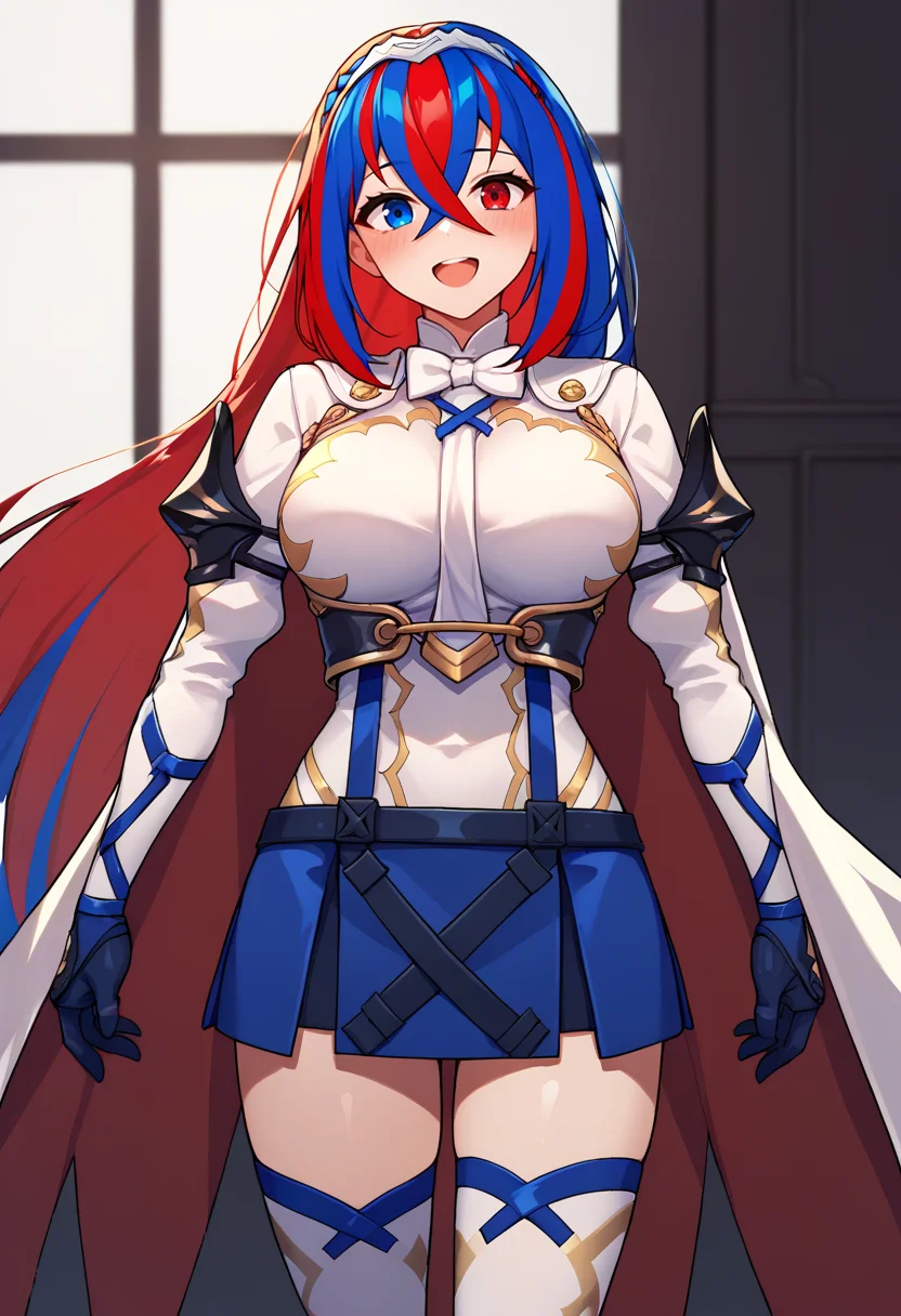 score_9, score_8_up, score_8_up, source_anime BREAK 1girl, solo, <lora:alear-fe-richy-v1_pdxl:1> aleardef, heterochromia, blue eyes, red eyes, multicolored hair, red hair, blue hair, braid, crossed bangs, very long hair, tiara, bowtie, armor, suspenders, blue skirt, gloves, thighhighs, cape, standing, looking at viewer, large breasts, looking at viewer, blush, smile, open mouth