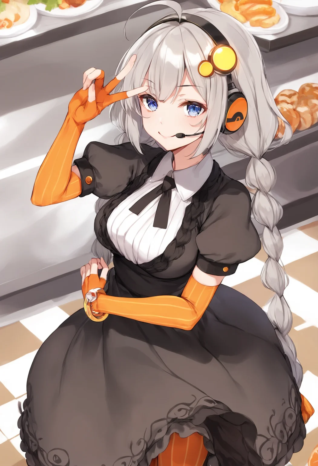 score_9, score_8_up, score_7_up,
<lora:KizunaAkari_MMD_Pony_V1:0.95>blue eyes, grey hair, ahoge, twin braids, braid, very long hair, hair ornament, hair tubes, headphones, headset,
black dress, lace-trimmed dress, short sleeves, puffy sleeves,
orange gloves, striped gloves, elbow gloves, fingerless gloves, bracelet,
orange pantyhose, striped pantyhose,
star print, star (symbol), vertical stripes,
from above,, looking up,, Portrait,,
A cafeteria, delicious food, Holding food ,
smile,cowboy shot ,huge brests,
smug, smirk, blush,peace sign,