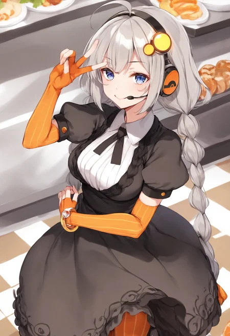 score_9, score_8_up, score_7_up,
<lora:KizunaAkari_MMD_Pony_V1:0.95>blue eyes, grey hair, ahoge, twin braids, braid, very long hair, hair ornament, hair tubes, headphones, headset,
black dress, lace-trimmed dress, short sleeves, puffy sleeves,
orange gloves, striped gloves, elbow gloves, fingerless gloves, bracelet,
orange pantyhose, striped pantyhose,
star print, star (symbol), vertical stripes,
from above,, looking up,, Portrait,,
A cafeteria, delicious food, Holding food ,
smile,cowboy shot ,huge brests,
smug, smirk, blush,peace sign,