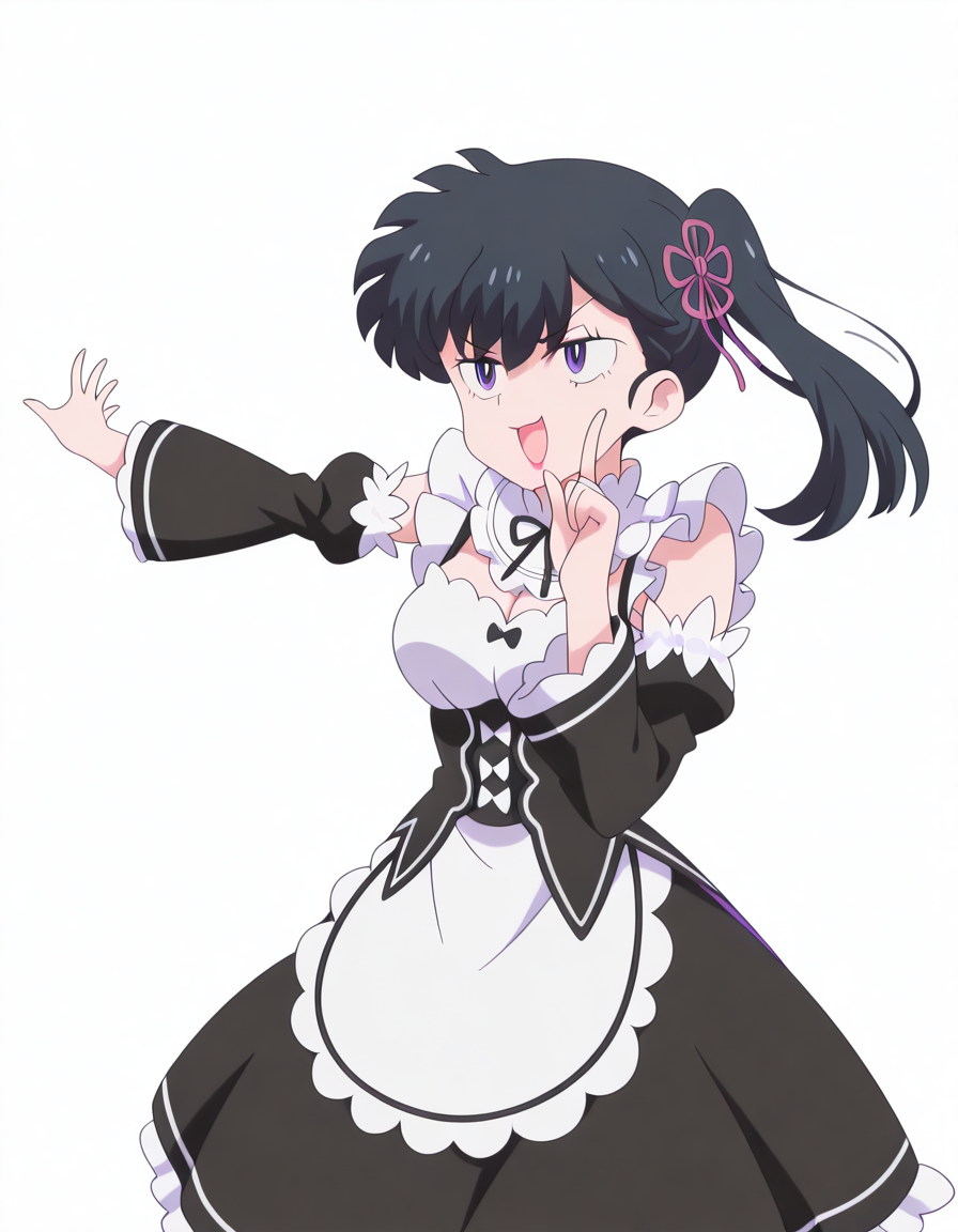 masterpiece, best quality, amazing quality,, <lora:kodachi-kunou-s1-illustriousxl-lora-nochekaiser:1>, kodachi kunou, kunou kodachi, long hair, black hair, ponytail, makeup, lipstick, side ponytail, purple eyes, mature female, breasts, anime screencap,, <lora:rezero-rem-cosplay-illustriousxl-lora-nochekaiser:1>, rezero rem cosplay, rem (re:zero) (cosplay), roswaal mansion maid uniform, cosplay, maid, enmaided, underbust, detached sleeves,, <lora:hoshino-ruby-dance-illustriousxl-lora-nochekaiser:1>, hoshino ruby dance, finger wagging, index finger raised, dancing, outstretched arm, cowboy shot, smile, open mouth,, pout, , <lora:transparent-background-illustriousxl-lora-nochekaiser:1>, transparent background, simple background, white background, ,