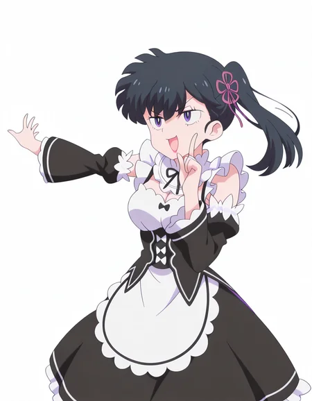 masterpiece, best quality, amazing quality,, <lora:kodachi-kunou-s1-illustriousxl-lora-nochekaiser:1>, kodachi kunou, kunou kodachi, long hair, black hair, ponytail, makeup, lipstick, side ponytail, purple eyes, mature female, breasts, anime screencap,, <lora:rezero-rem-cosplay-illustriousxl-lora-nochekaiser:1>, rezero rem cosplay, rem (re:zero) (cosplay), roswaal mansion maid uniform, cosplay, maid, enmaided, underbust, detached sleeves,, <lora:hoshino-ruby-dance-illustriousxl-lora-nochekaiser:1>, hoshino ruby dance, finger wagging, index finger raised, dancing, outstretched arm, cowboy shot, smile, open mouth,, pout, , <lora:transparent-background-illustriousxl-lora-nochekaiser:1>, transparent background, simple background, white background, ,
