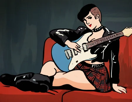 by carl newman, 1girl, punk, sitting, combat-boots, leather-jacket, spiked-choker, electric-guitar, pleated-skirt, checkered-skirt, short-hair, sidecut, two-tone-hair, 1980s-(style) , masterpiece, best quality, newest, absurdres, highres