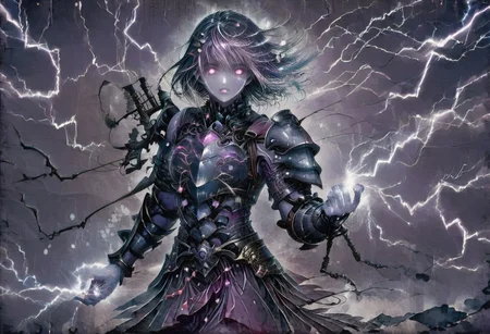 (Masterpiece:1.3), (best quality:1.2), (detailed background:1.1), (intricate details:1.1), (detailed background:1.2), 1girl, solo focus, standing, perfect anatomy, 
bleakfaith,
source_anime, night sky, dark cloud background, sky background, lightning on background, only purple lightning, purple lightning, dark purple theme,
BREAK
watercolor, chinese,traditional,
BREAK
(purple hair:1.2),(pale skin:1.3), (purple skin:1.5),1girl,solo, mysterious, vivid color, shiny, (short purple hair), bob cut hair, purple eyes,glowing purple pupils,
laugh arrogantly,
BREAK
armor(dark suit,armor, animal chest plate), lightning, dark purple lightning on armor, chinese style, 
spraks in hand,
BREAK
looking at the viewer, front view, full view,
best quality, ultra-detailed, absurdres, detail face, best quality, hires textures, high detail, (4k),incredibly detailed
NegativeDynamics,