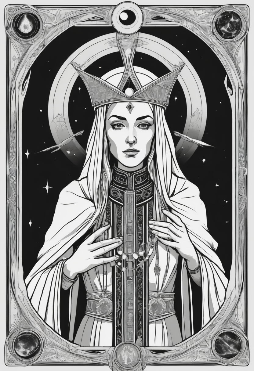 tarot card, the high priestess, front perspective, flat, frame, square, white (outline:1.1) (black and white:1.5)