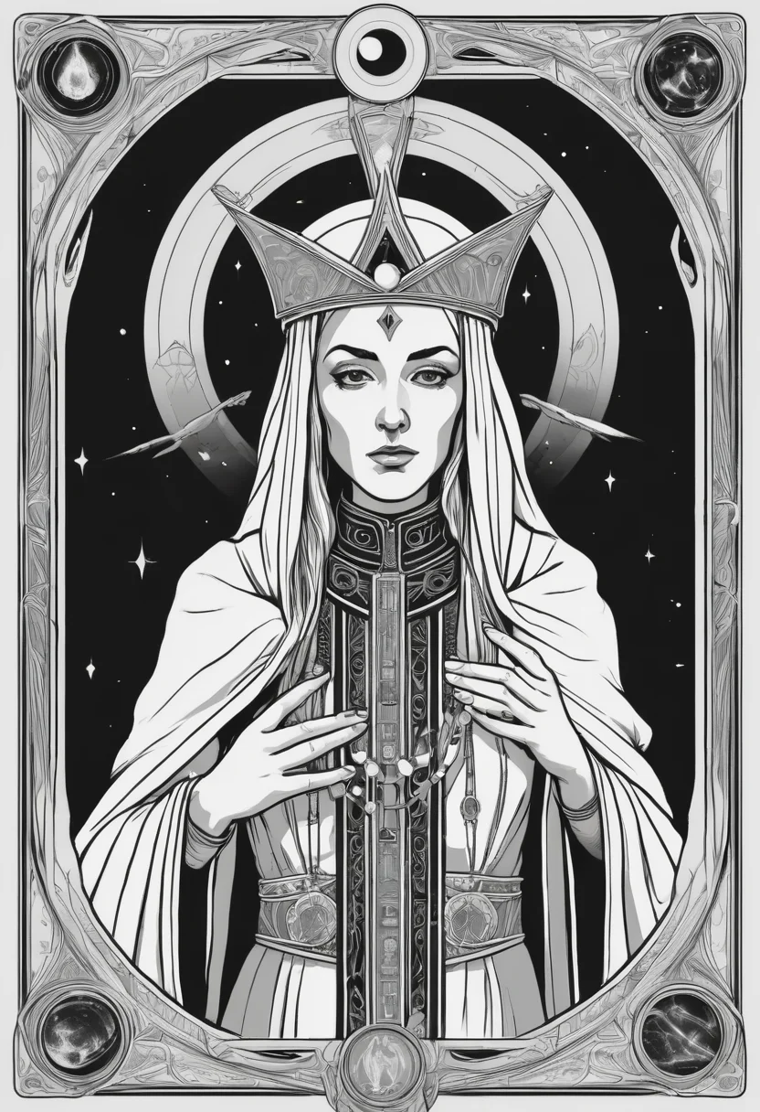 tarot card, the high priestess, front perspective, flat, frame, square, white (outline:1.1) (black and white:1.5)