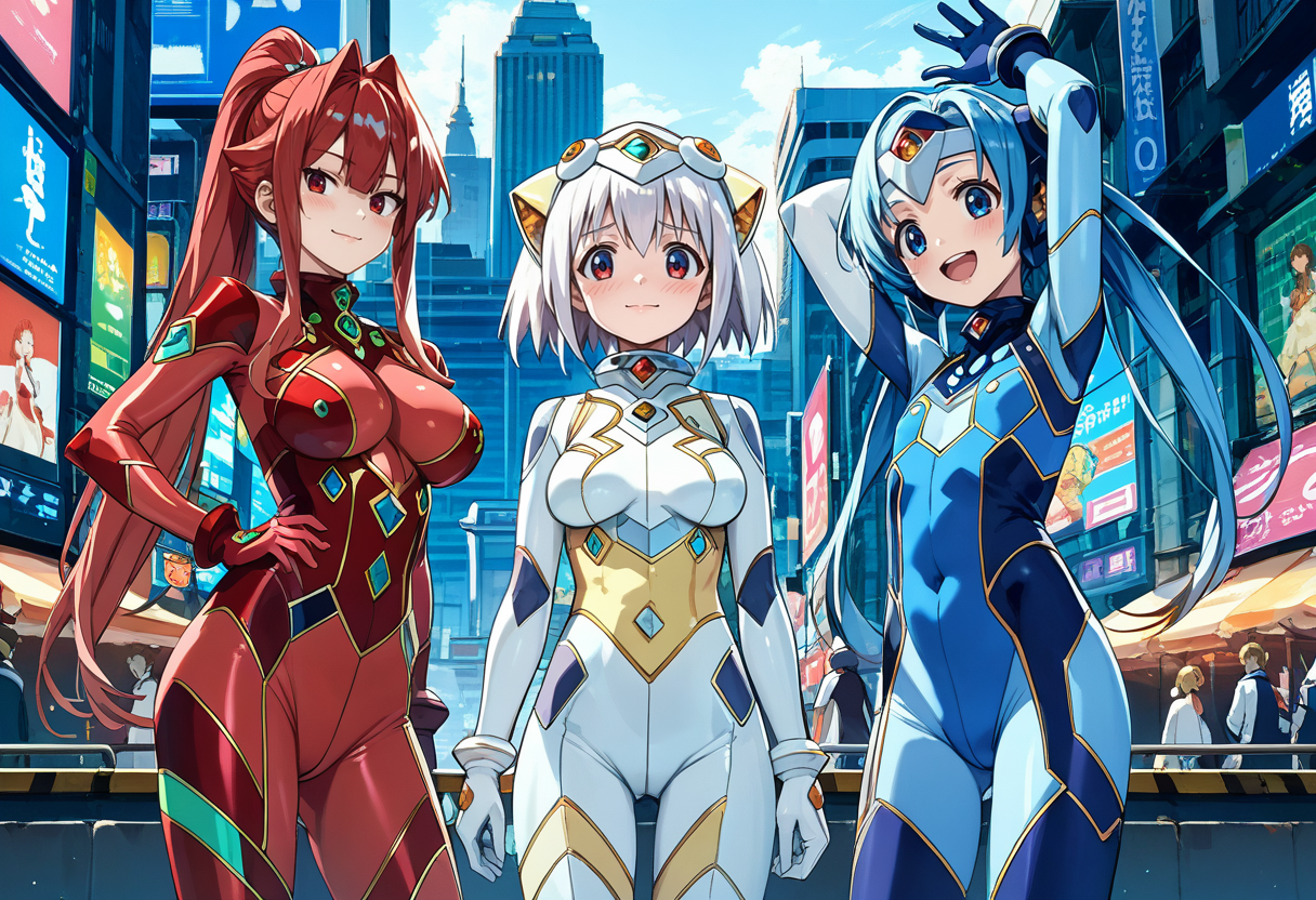 score_9, score_8_up, score_7_up, source_anime, anime artwork, all intricate, extremely detailed wallpaper, best quality, masterpiece, cityscape, 3girls, looking at viewer,
ADDCOMM
ultired, red bodysuit, ponytail, standing, smile, doyagao, hand on own hip, 
ADDCOL
ultiwhite, white bodysuit, short hair, standing, closed mouth, embarrassed, blush, 
ADDCOL
ultiblue, flat chest, blue bodysuit, arms up, standing, smile, open mouth,
<lora:UltimateGirls-PDXL-2-000002:0.8>