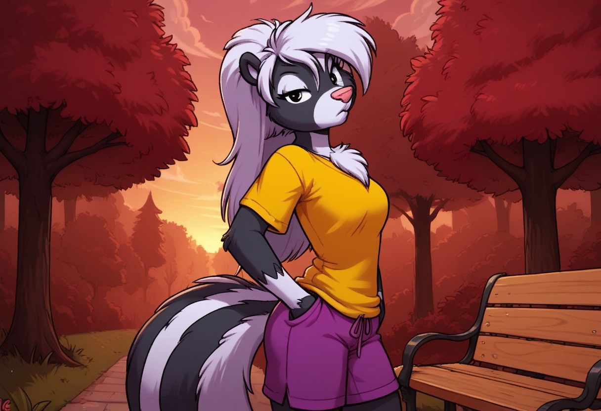 score_7, score_8, score_9, dynamic lighting, detailed background, background is park, benches, trees, walkway, clouds, sunny, glowing, close up, cowboy shot
BREAK 
Solo, 1 female, single female, anthro, furry female, female skunk, Tabitha Skunk, short, white black, long hair, (white hair), pink animal nose, black eyes, (skunk tail), feet claws, chest fur tuft, ((white cheeks))
BREAK 
standing, looking at viewer, confused look, purple shorts, yellow t shirt, hands in pockets